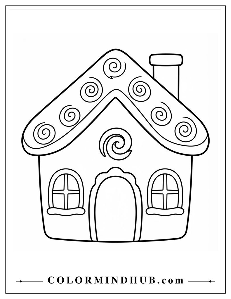 Playful gingerbread house featuring large spiral icing swirls across the roof and doorway - gingerbread house coloring page for kids