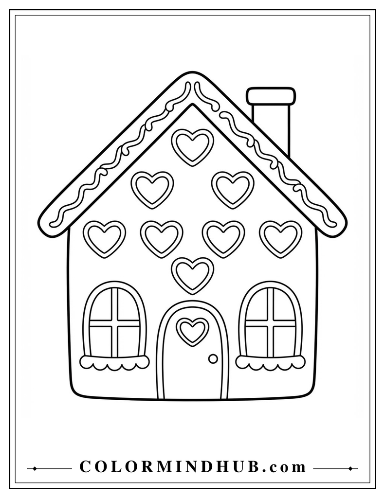 Lovely gingerbread house decorated with heart-shaped icing designs and a heart-trimmed doorway - gingerbread house coloring page