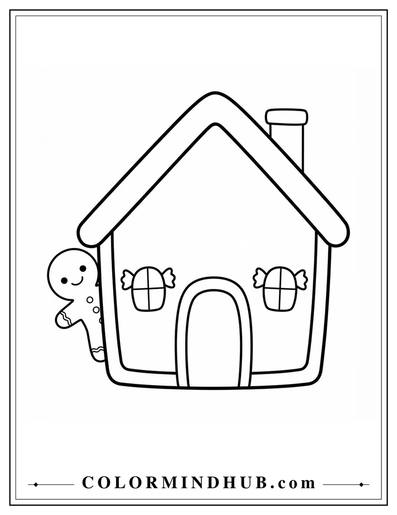 Playful gingerbread house with a small gingerbread man peeking around the side of the house - gingerbread house coloring page for kids