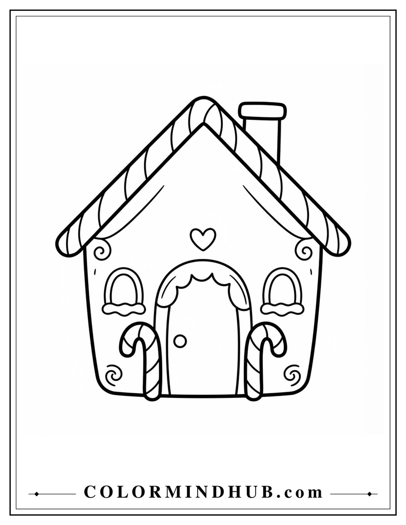 Cute gingerbread house with candy cane roof trim, candy cane doorway columns, and icing details - gingerbread house coloring page for kids