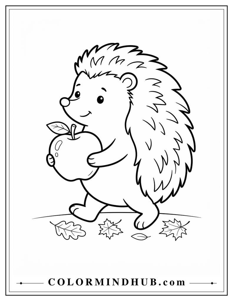 Adorable hedgehog carrying a large apple in its front paws with autumn leaves underneath - fall animal coloring page