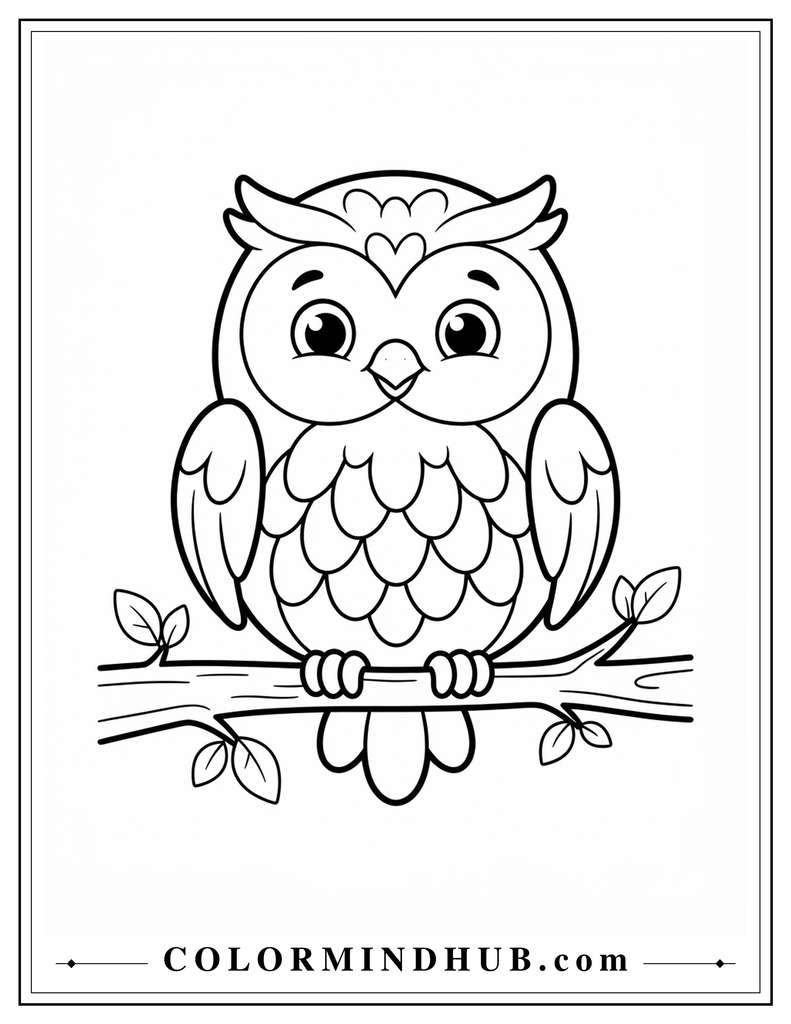Cute round owl perched on a short tree branch with a few autumn leaves - fall owl coloring page