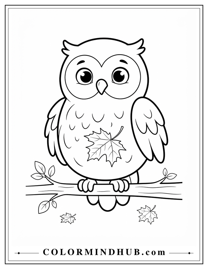 Cute round owl watching a large maple leaf fall from a low tree branch - fall owl coloring page