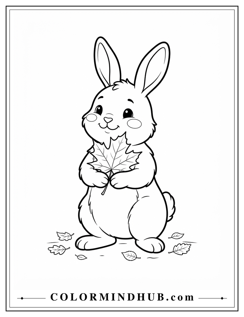 Adorable bunny standing upright and holding a large maple leaf with a few leaves around its feet - fall bunny coloring page