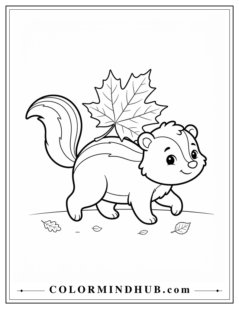 Cute skunk walking with an oversized autumn leaf resting on its back - fall skunk coloring page