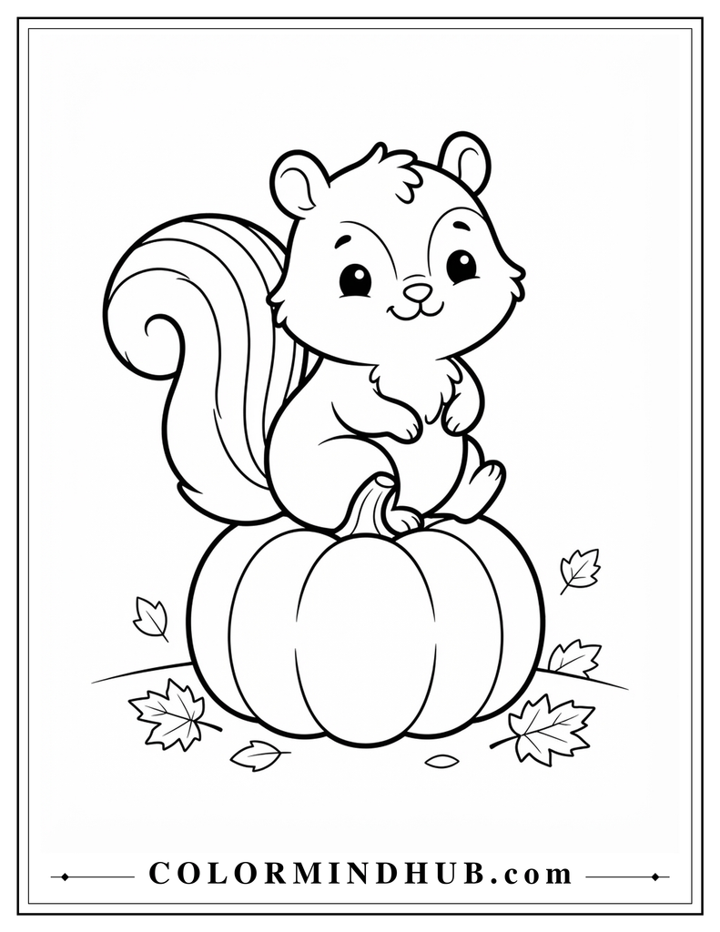 Cute squirrel sitting on a pumpkin with its fluffy tail and maple leaves around the base - fall squirrel coloring page