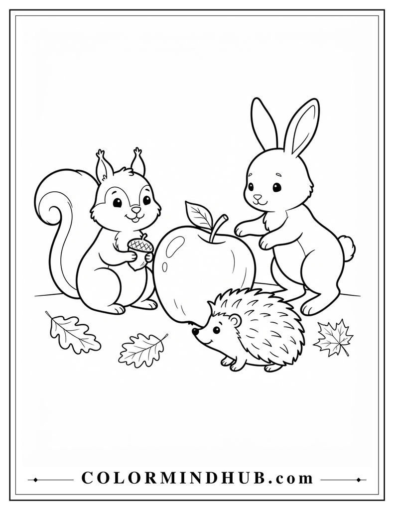 Cute squirrel, bunny, and hedgehog gathered around a fallen apple with a few autumn leaves - cute fall animal coloring page