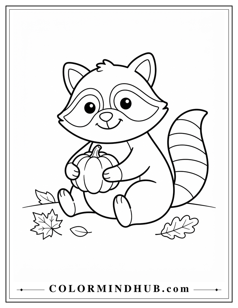 Cute raccoon sitting and hugging a small pumpkin with autumn leaves beside it - fall animal coloring page