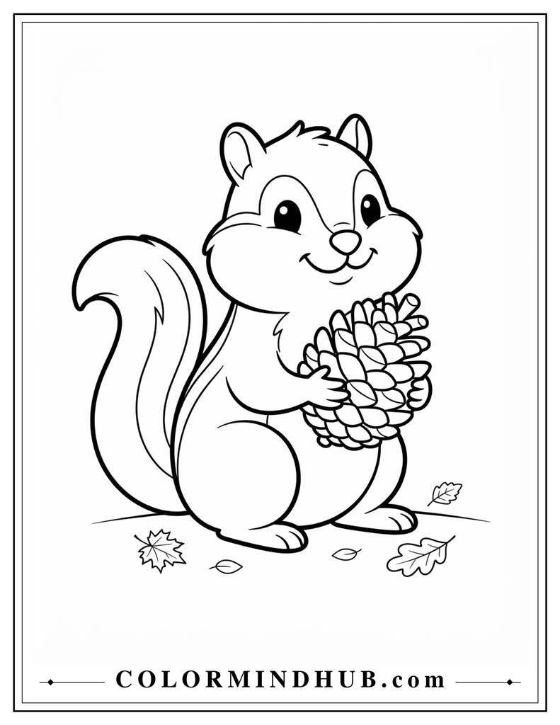 Cute chipmunk sitting upright and holding a large pinecone with small autumn leaves nearby - fall animal coloring page