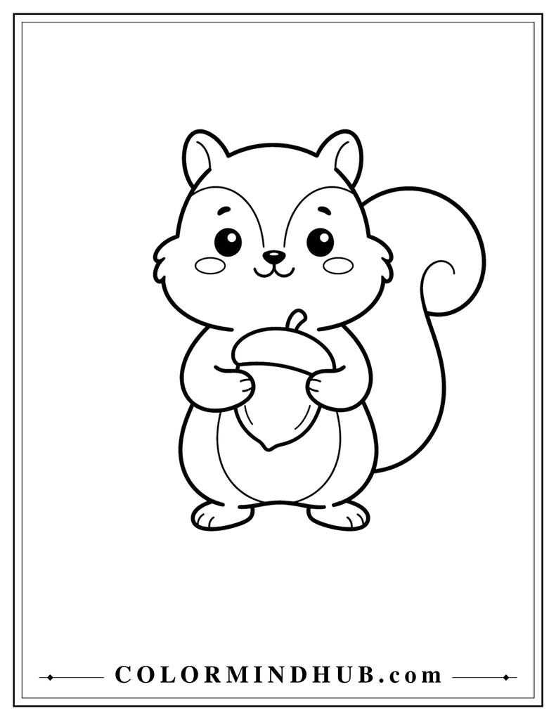 Cute squirrel character holding a large acorn with a fluffy tail and friendly expression - Thanksgiving coloring page