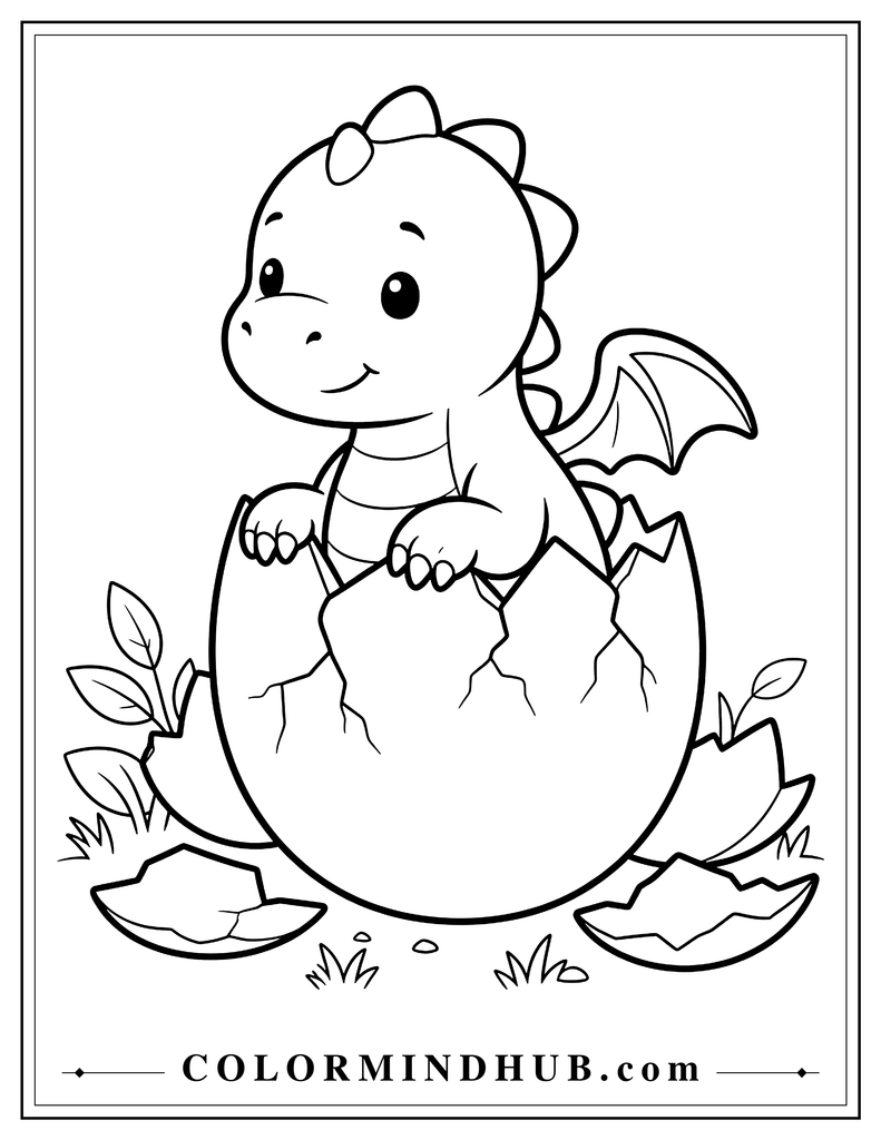 Adorable baby dragon emerging from a large cracked egg with tiny rounded wings, chubby body and curious expression, printable baby dragon coloring page