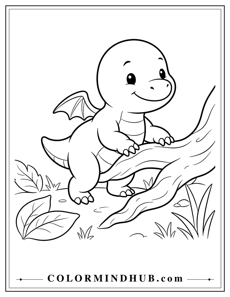 Chubby baby dragon taking its first steps while holding onto a large tree root for balance, with tiny wings and a happy expression, cute baby dragon
