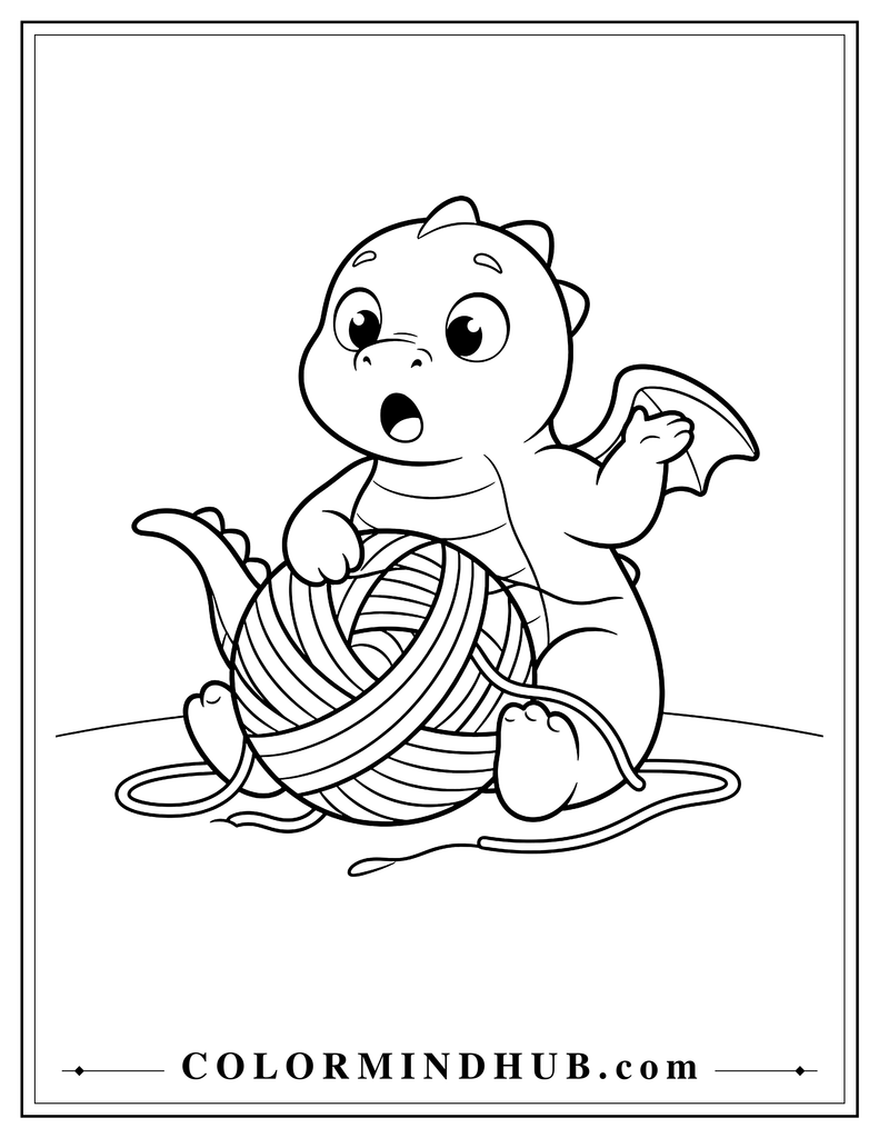 Chubby baby dragon playfully tangled with a large ball of yarn, with its tail wrapped around the yarn and a surprised expression, funny printable baby dragon coloring page.