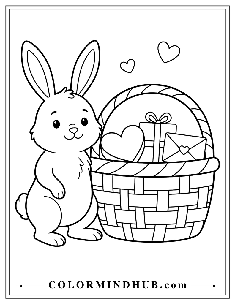 Bunny standing beside a basket containing a heart-shaped gift box, a wrapped present, and an envelope, with two hearts above.