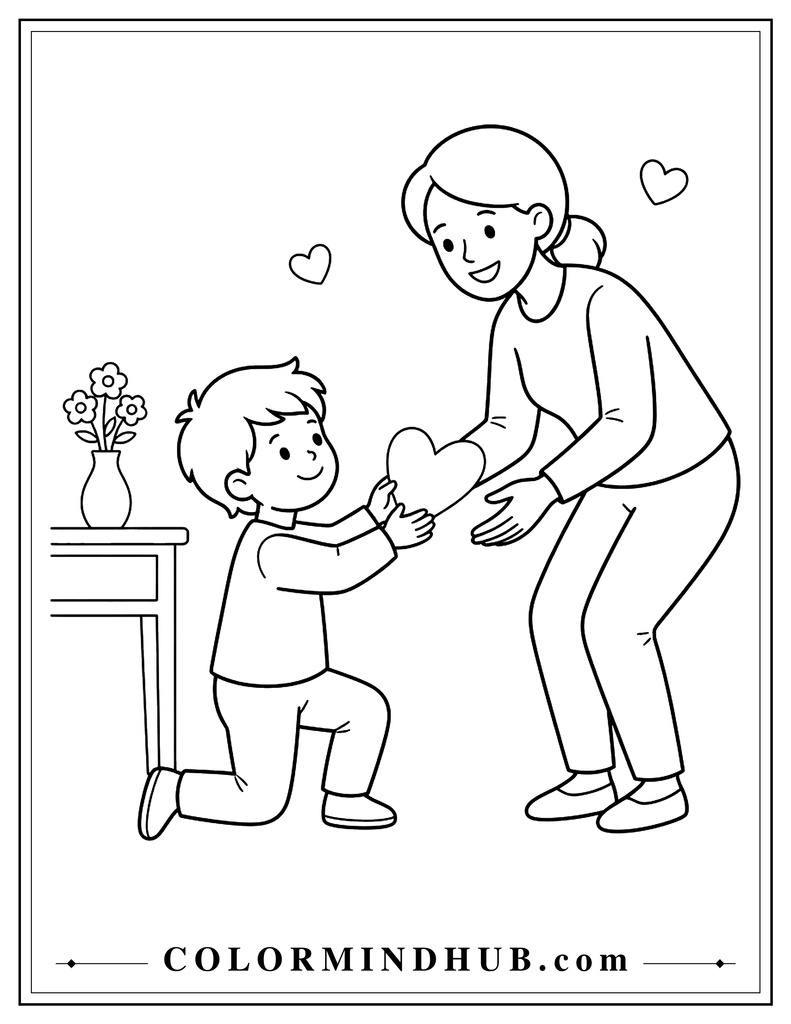 Young child handing a handmade heart card to a smiling parent beside a small table with a flower vase and two hearts in the background.