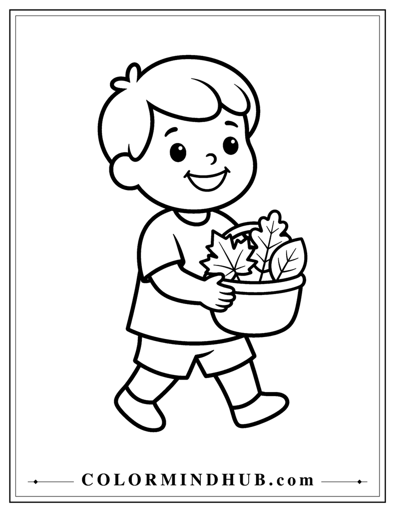 Young child carrying a small harvest basket with large autumn leaves - easy Thanksgiving coloring page