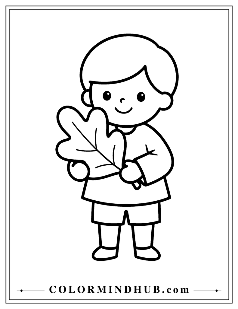 Cheerful child holding a large autumn leaf - easy Thanksgiving coloring page for kids