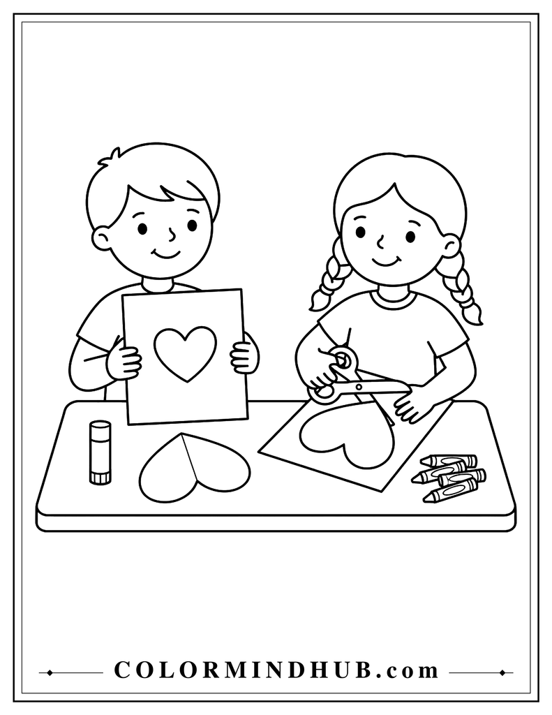 Two children making Valentine cards at a table with a blank heart card, child-safe scissors, paper hearts, glue stick, and crayons.