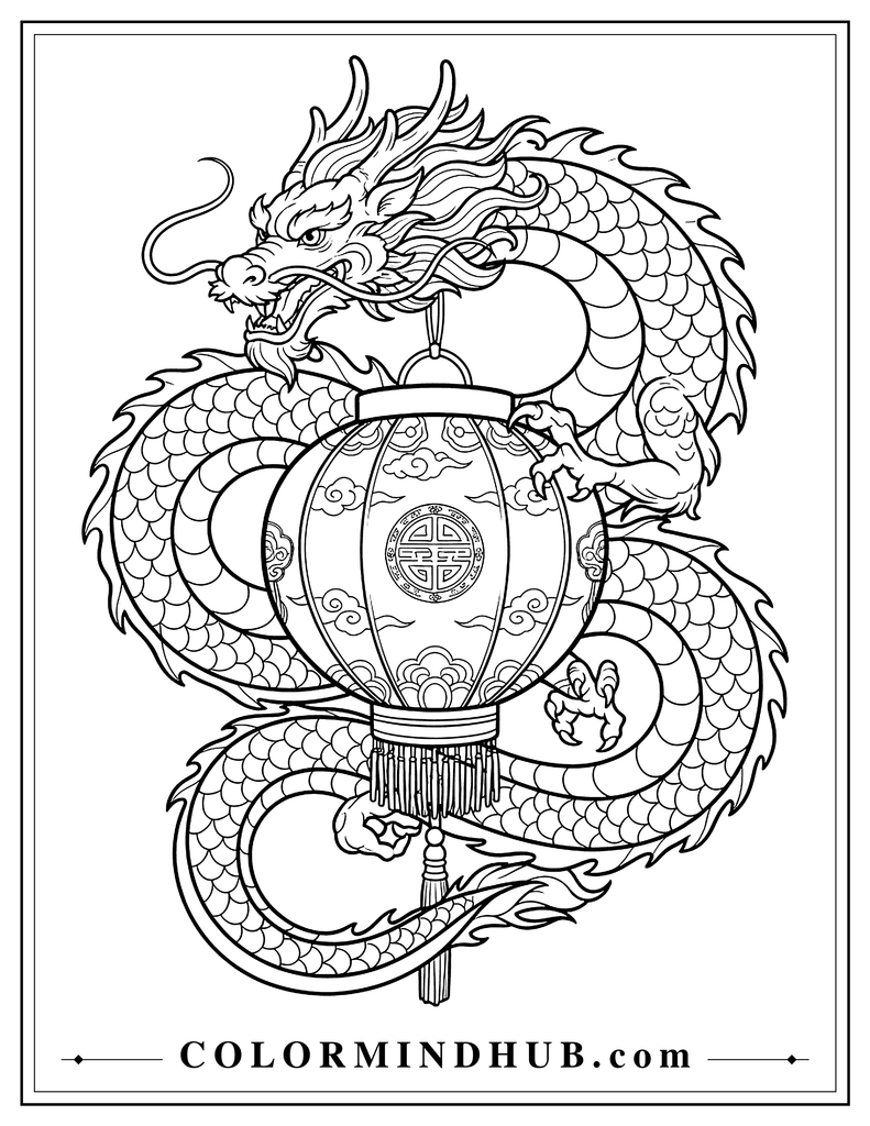 Traditional Chinese dragon with a long serpentine body, curved horns, flowing whiskers and mane curling around a large Chinese lantern, printable Chinese dragon coloring page.