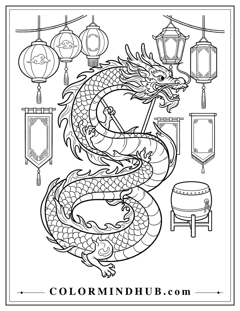 Traditional Chinese dragon with a long serpentine body moving through a festive parade with hanging lanterns, decorative banners and a large drum, printable Chinese dragon coloring page.