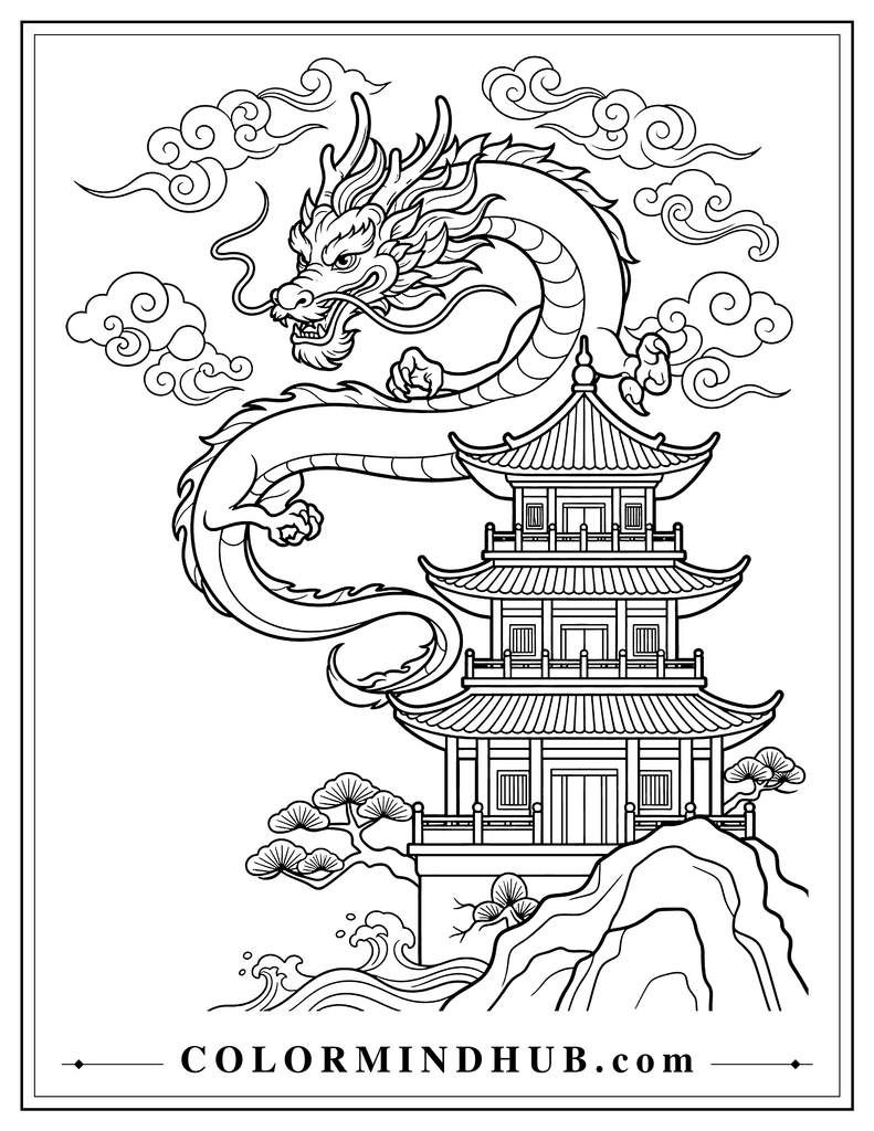 Traditional Chinese dragon with a long winding body and flowing whiskers flying beside a three-level Chinese pagoda surrounded by decorative clouds, detailed Chinese dragon coloring page