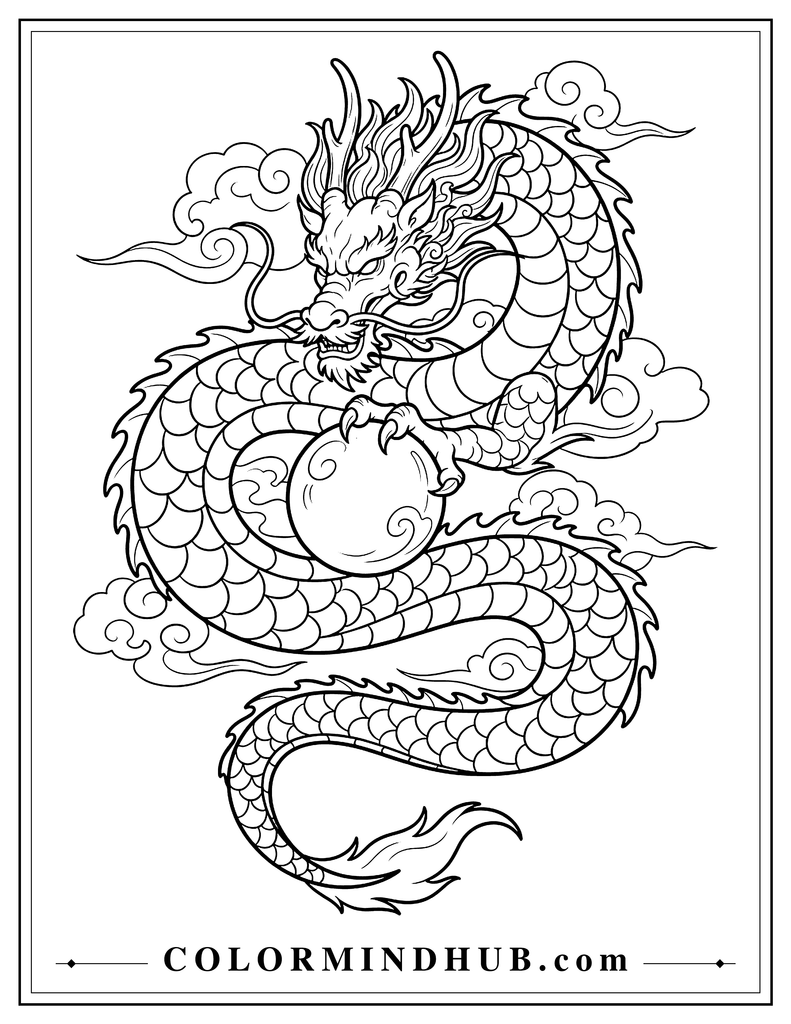 Traditional Chinese dragon holding a large round mystical pearl beneath its claw, with curved horns, long whiskers, flowing mane and decorative clouds, printable Chinese dragon coloring page.