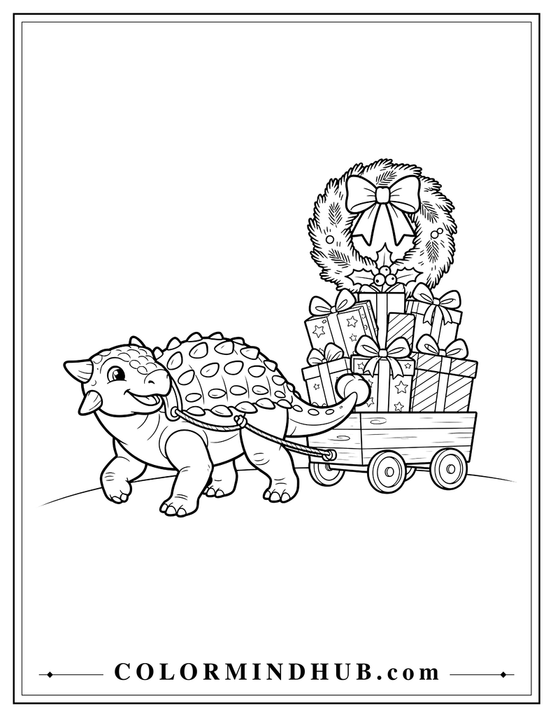 Friendly Ankylosaurus pulling a small wagon filled with Christmas presents and a large wreath