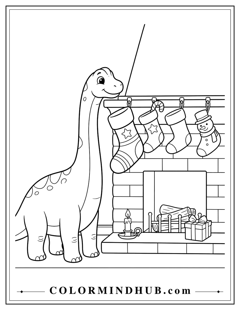Brachiosaurus reaching up to hang Christmas stockings above a simple fireplace mantel