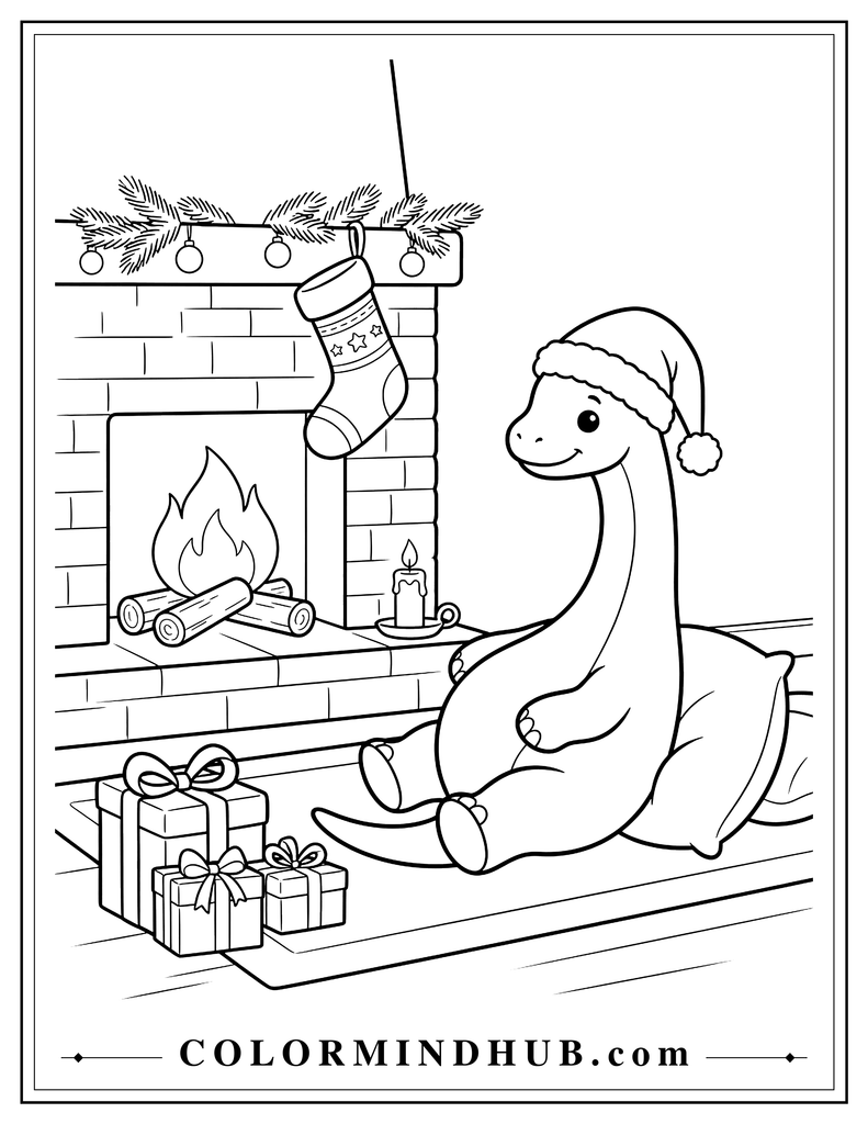 Naturally proportioned dinosaur relaxing beside a Christmas fireplace with a stocking and presents