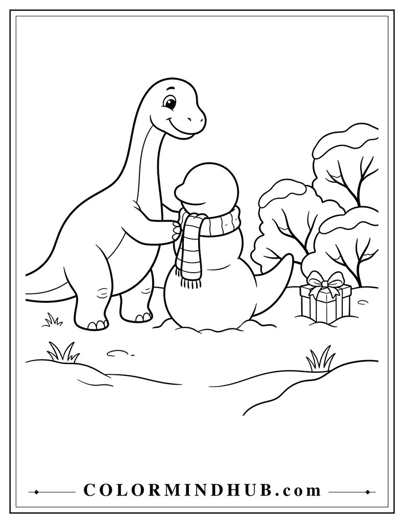 Cheerful dinosaur building a small snow dinosaur wearing a scarf beside a Christmas gift