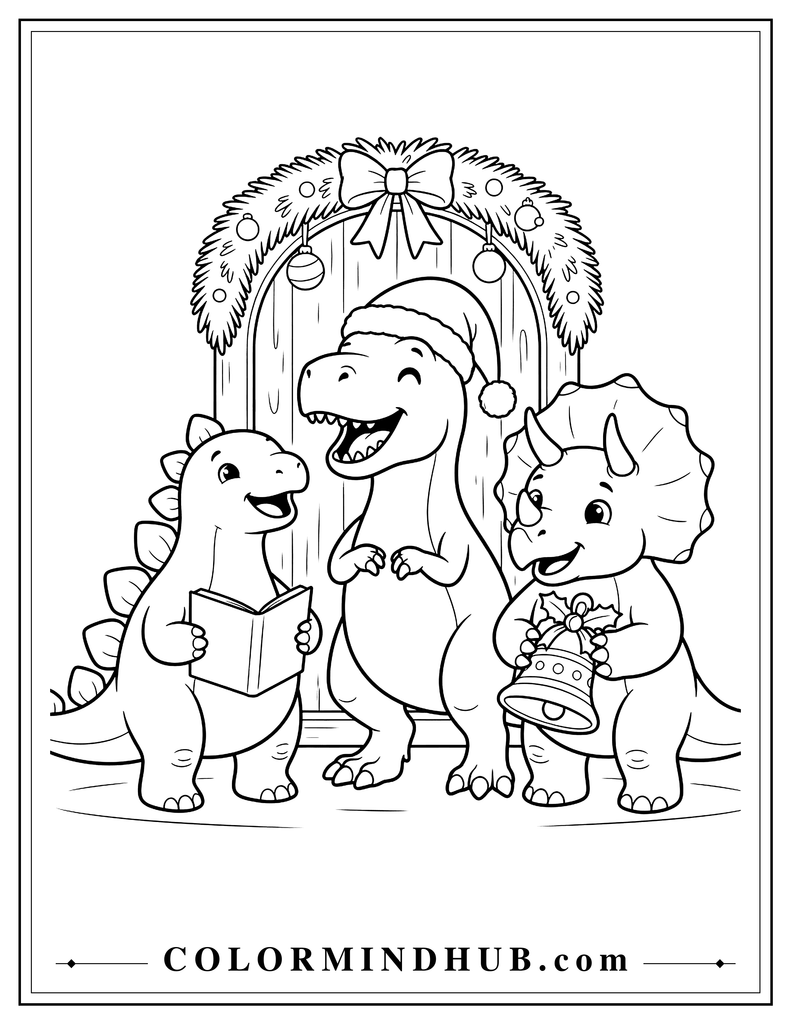 Three friendly dinosaurs singing Christmas carols with a songbook, Santa hat, and Christmas bell