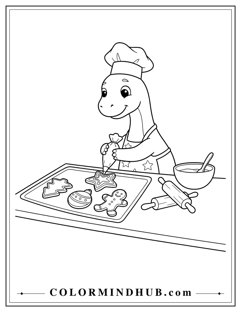 Friendly dinosaur decorating large Christmas cookies shaped like trees, stars, and ornaments