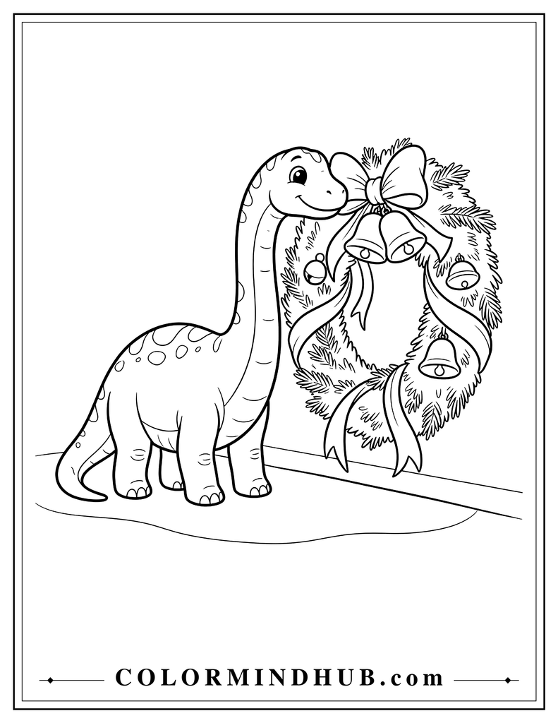 Diplodocus standing beside a large Christmas wreath decorated with bells and ribbons