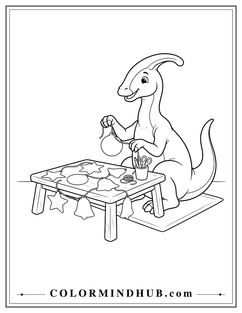 Cheerful Parasaurolophus making a Christmas garland from large paper ornaments at a small table