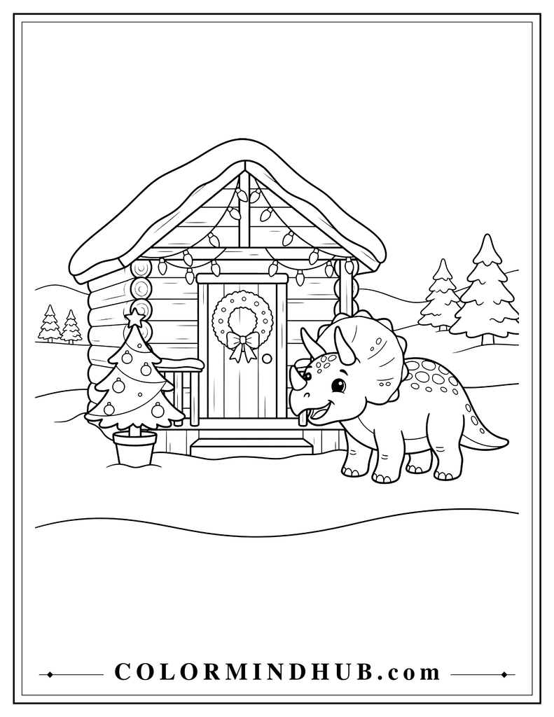Triceratops standing outside a cozy Christmas cabin with snow, lights, and a decorated tree