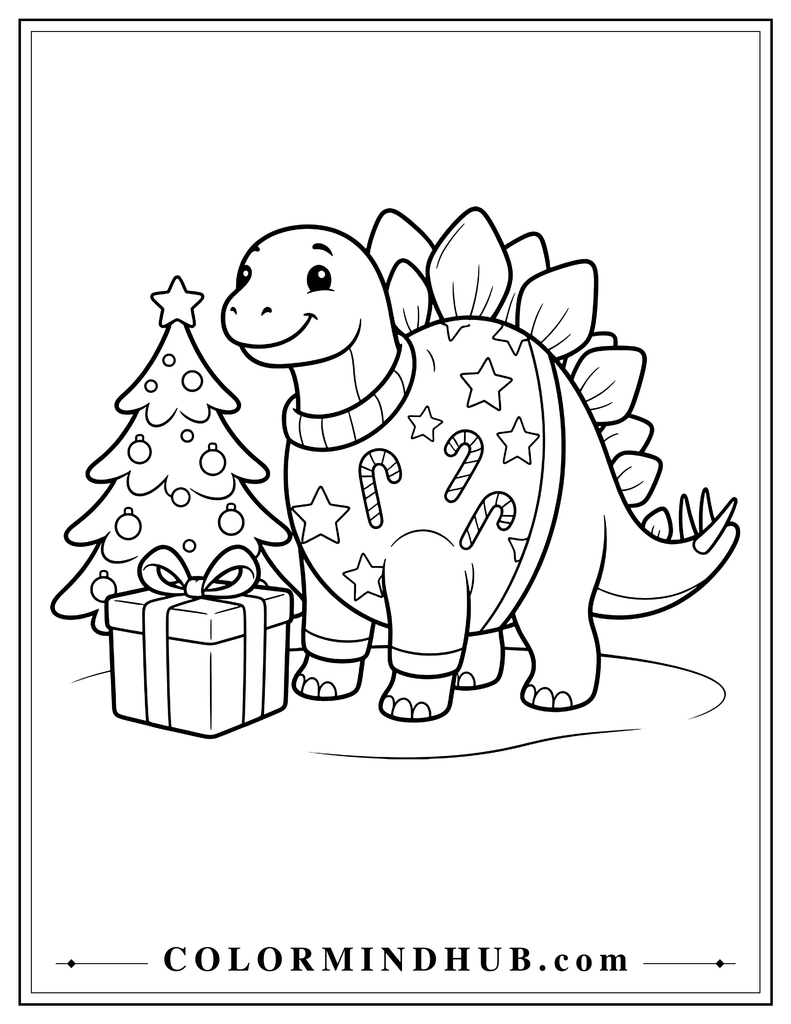 Cheerful Stegosaurus wearing a simple Christmas sweater beside a decorated Christmas tree and gift