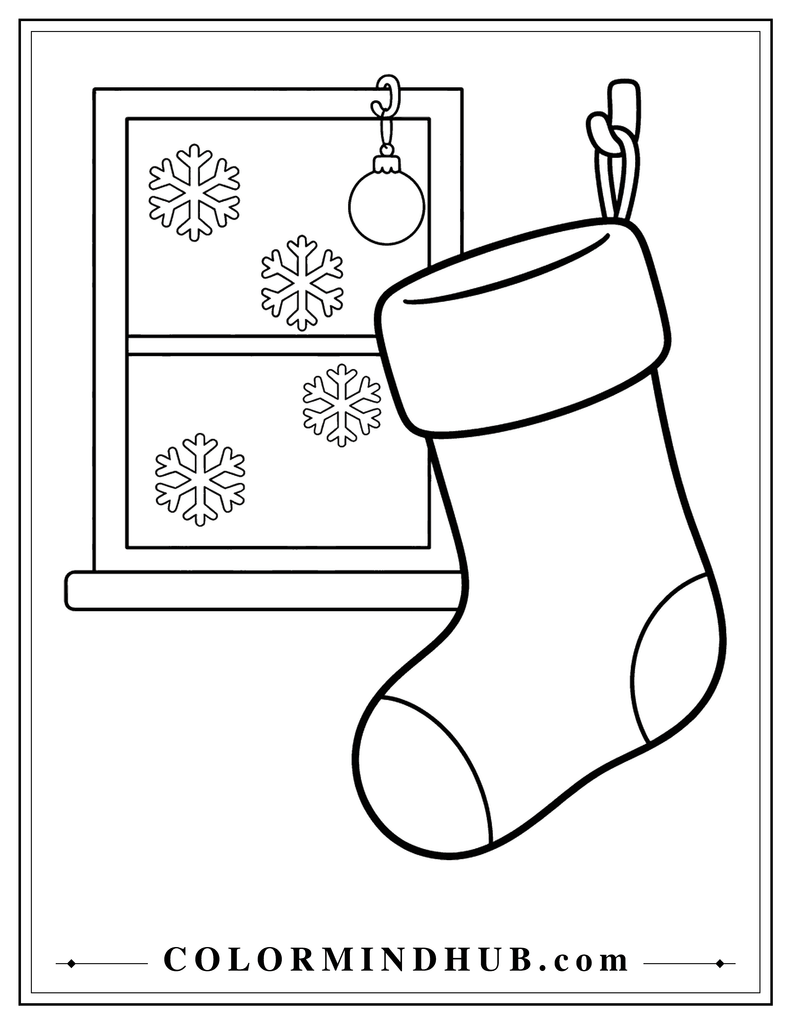 Large Christmas stocking hanging beside a window with large snowflakes visible outside - Christmas stocking coloring page