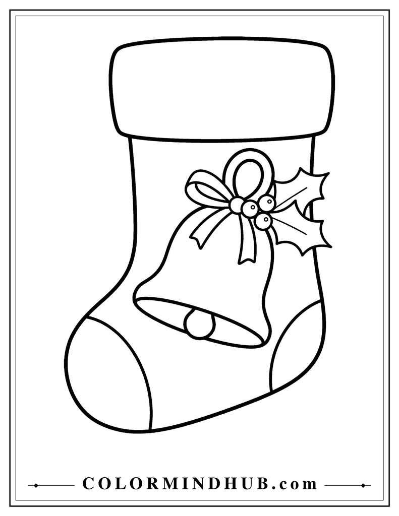 Large Christmas stocking decorated with an oversized festive bell and simple ribbon - Christmas stocking coloring page for kids
