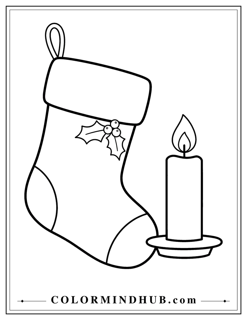 Large Christmas stocking beside a simple Christmas candle and small holly decoration - Christmas stocking coloring page