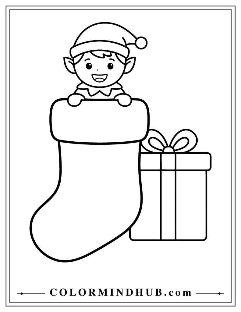 Playful Christmas elf sitting inside a large Christmas stocking beside a wrapped present - Christmas stocking coloring page for kids