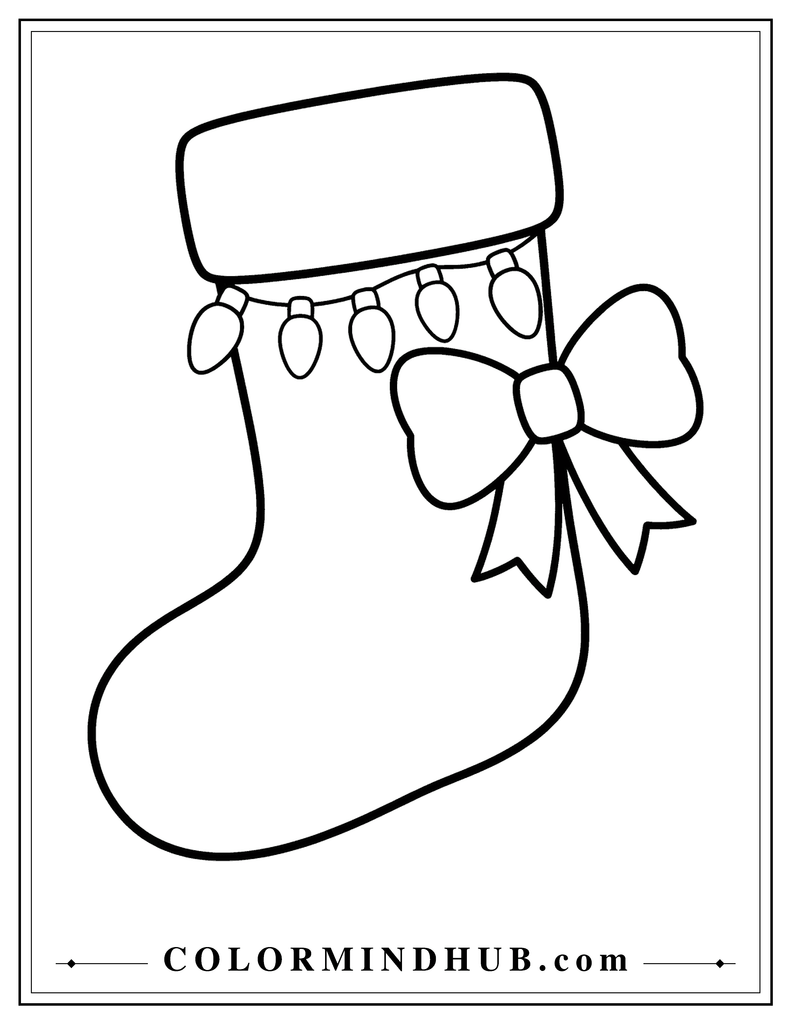 Large Christmas stocking decorated with five simple Christmas lights and a large bow - Christmas stocking coloring page