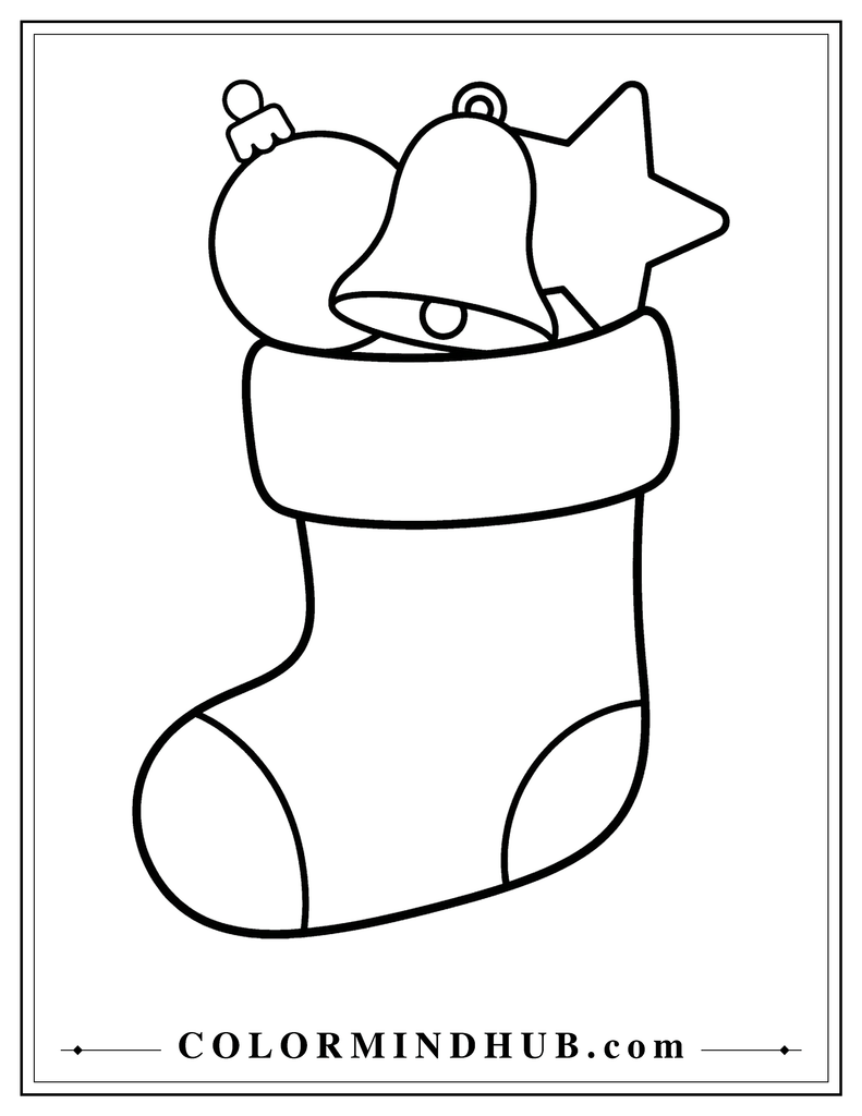 Large Christmas stocking overflowing with simple round, bell-shaped, and star Christmas ornaments - Christmas stocking coloring page
