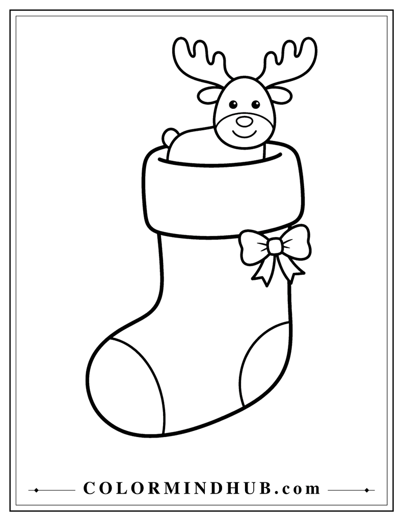 Large Christmas stocking with a cheerful wooden reindeer toy sticking out from the top and a small bow - Christmas stocking coloring page for kids