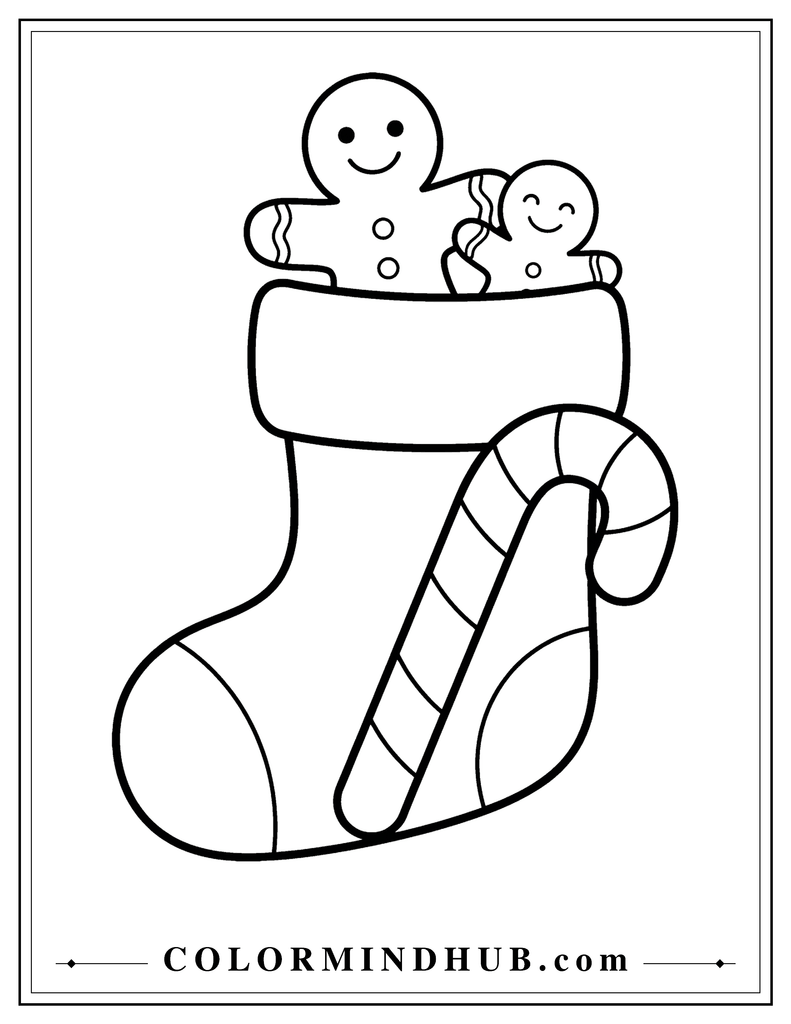 Two cheerful gingerbread characters peeking out together from an oversized Christmas stocking with a candy cane - Christmas stocking coloring page for kids