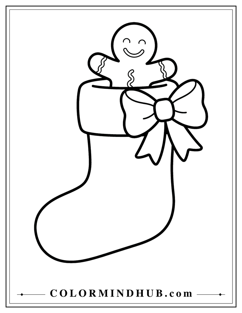 Christmas stocking with a cheerful gingerbread man sitting inside and a large bow on the cuff - Christmas stocking coloring page