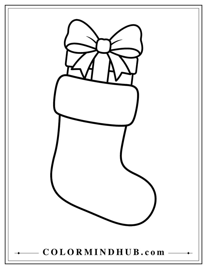 Large Christmas stocking with an oversized wrapped present and big bow sticking out from the top - Christmas stocking coloring page for kids