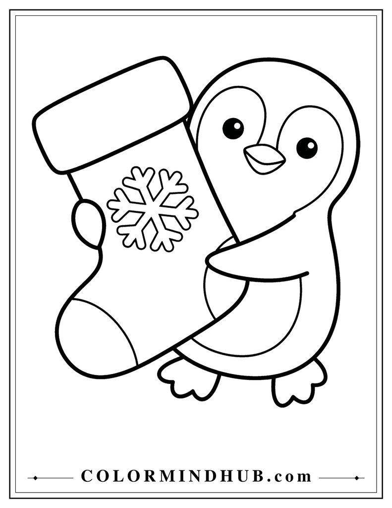 Cheerful penguin carrying a large Christmas stocking with both flippers and a snowflake on the stocking - Christmas stocking coloring page