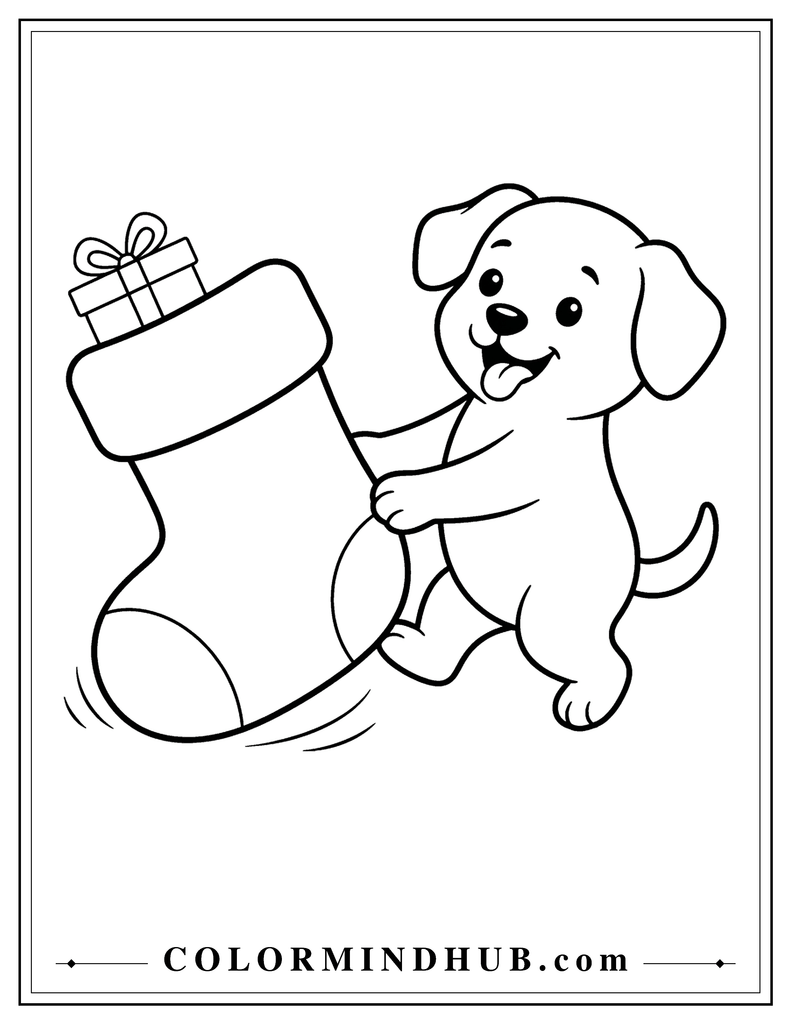 Cute puppy playfully pulling a large Christmas stocking with a small gift inside - Christmas stocking coloring page