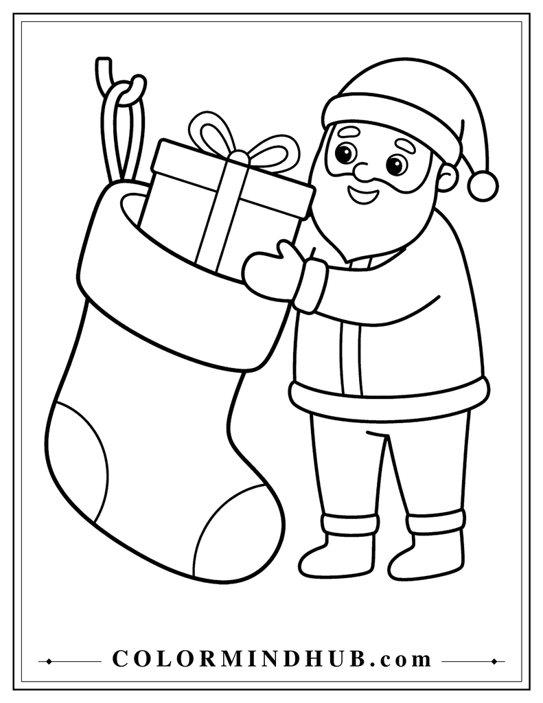 Santa Claus placing a wrapped present into an oversized Christmas stocking - Christmas stocking coloring page for kids
