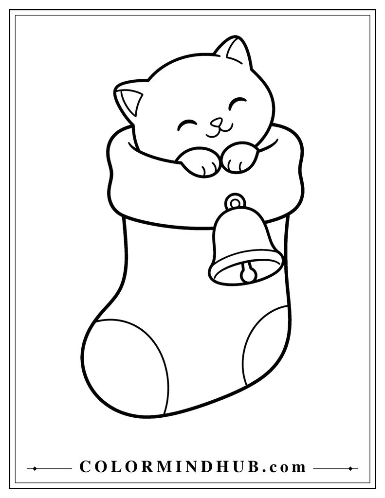 Cute kitten curled up asleep inside a large Christmas stocking with a small bell on the cuff - Christmas stocking coloring page for kids

